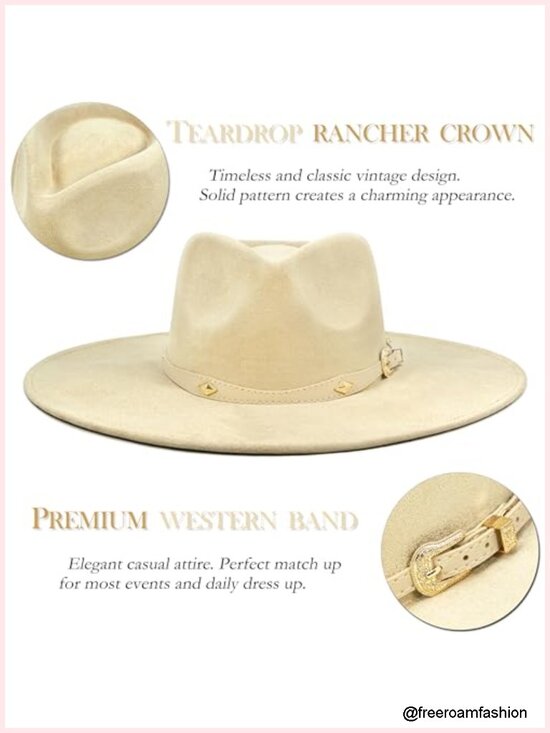 Vegan Suede Wide Brim Felt Rancher Fedora Hat 4\